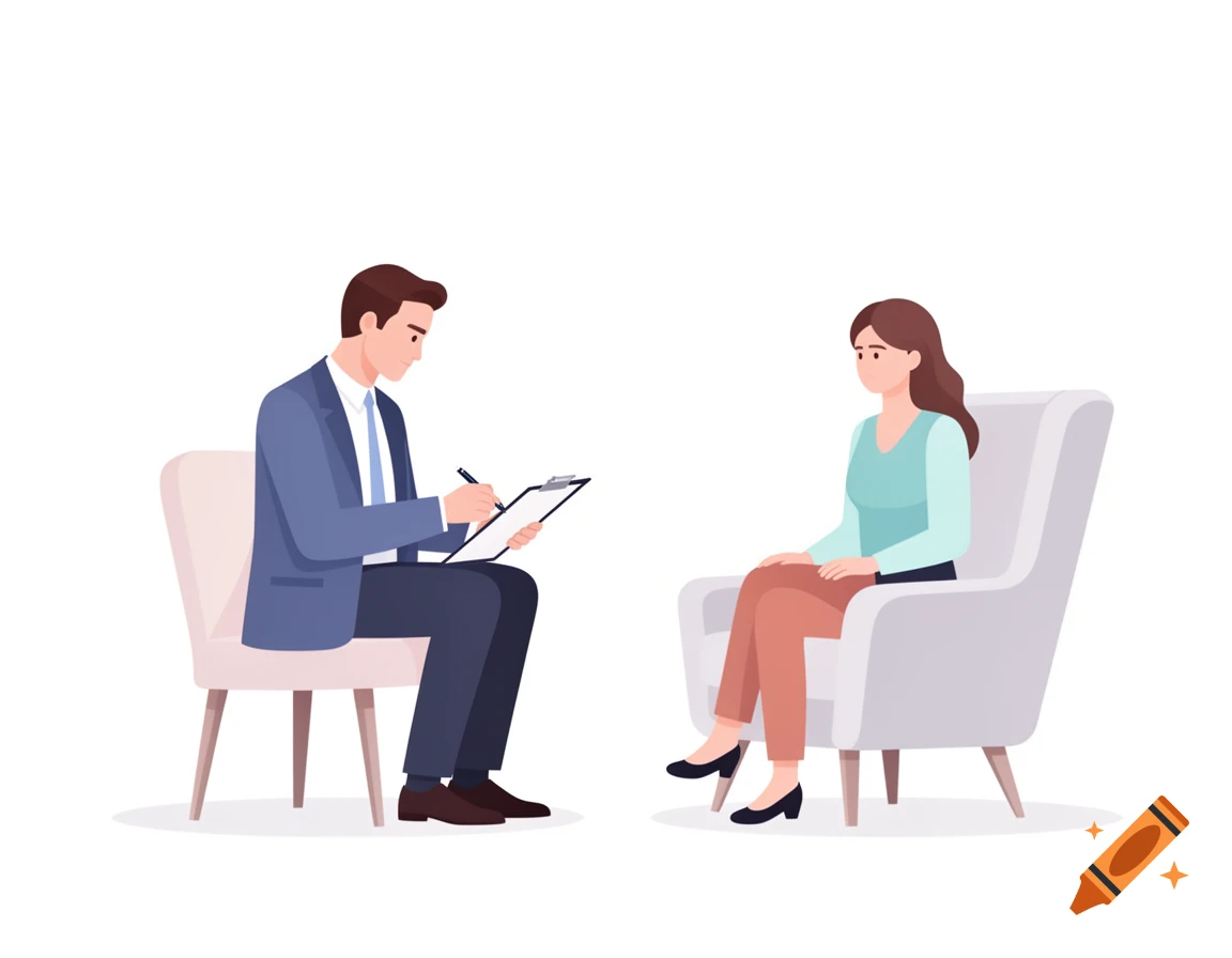Flat vector illustration of a male therapist taking notes while a woman sits opposite him in a psychology session.