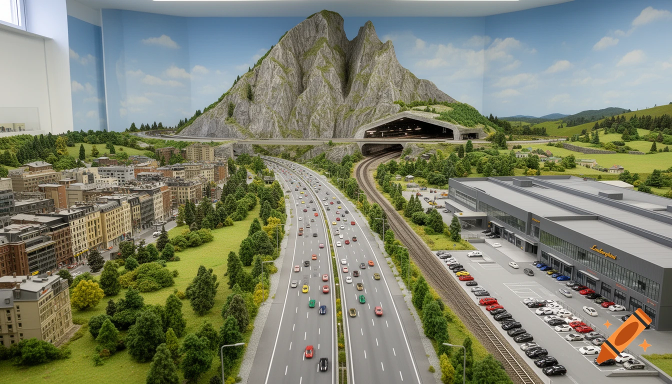 High-angle view of a detailed HO scale model railway layout with a city, highway, mountain tunnel, and Lamborghini factory.