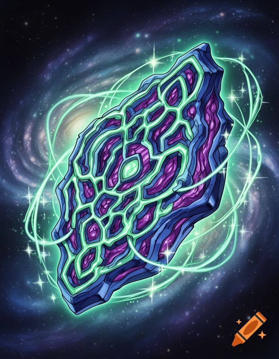 A stylized blue and purple crystalline object with green glowing patterns and swirling energy, set against a dark galaxy background with stars.