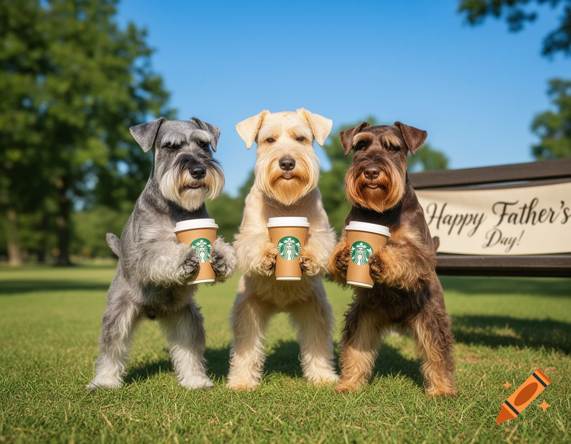 Three photorealistic Schnauzer dogs, gray, blonde, and brown, hold Starbucks cups on grass, with a "Happy Father's Day!" banner.