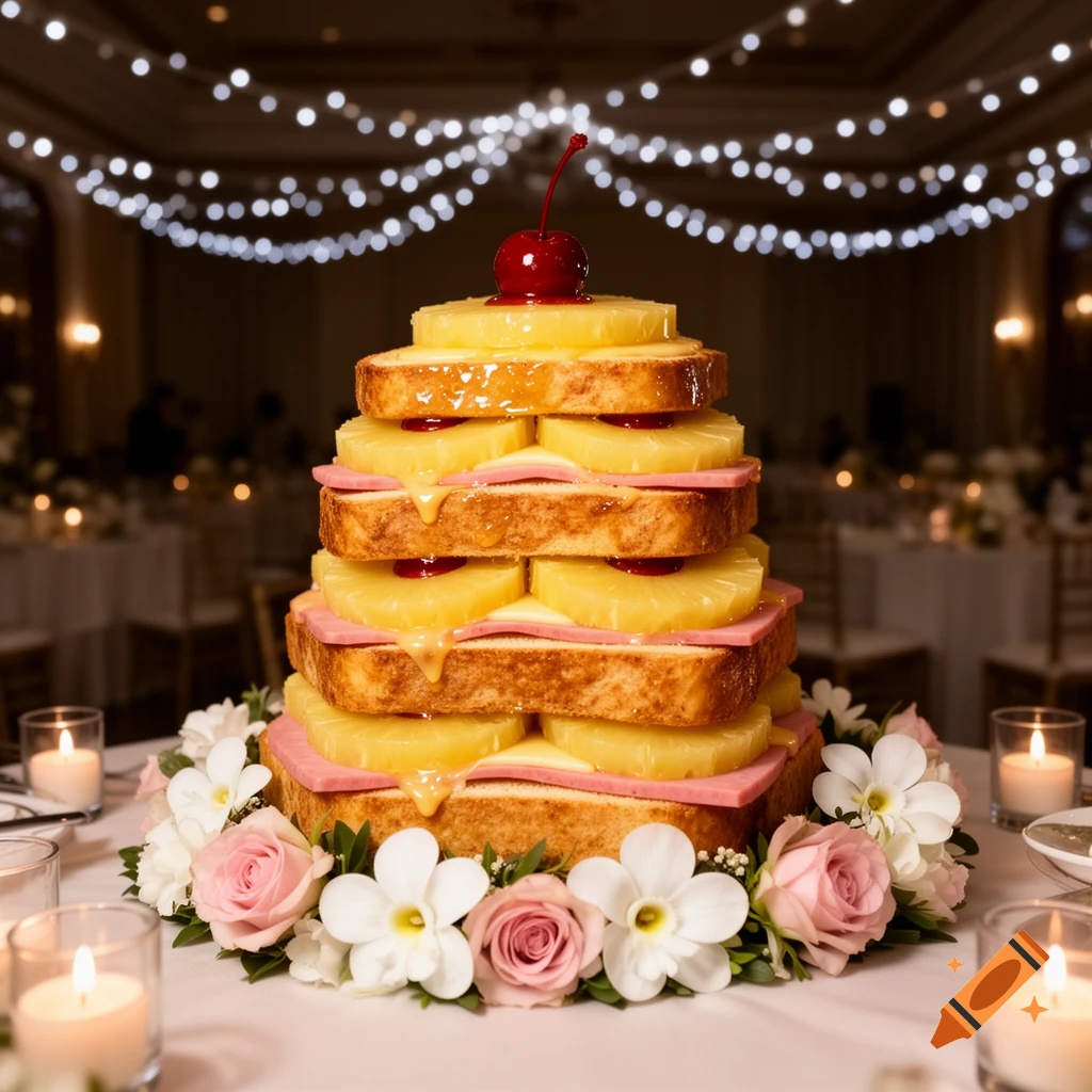 A unique tiered wedding cake made of toast, pineapple, and ham, decorated with pink and white flowers, in a dimly lit event hall.