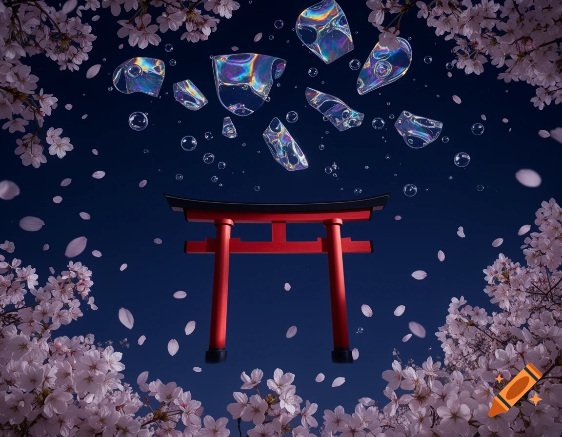 A red torii gate floats centrally against a dark blue night sky, surrounded by white cherry blossoms, falling petals, iridescent abstract shapes, and small bubbles in a photorealistic style.