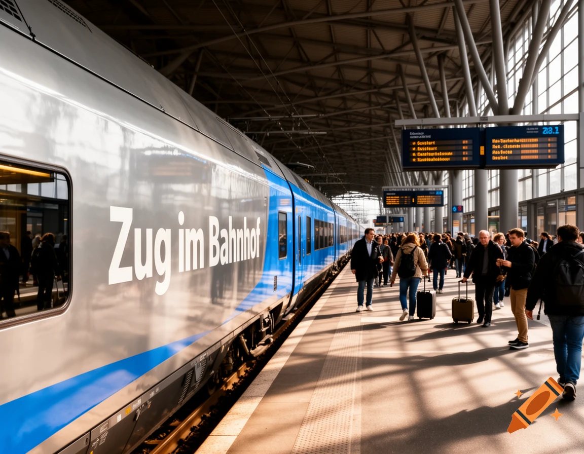 A blue and silver train labeled 'Zug im Bahnhof' at a busy train station platform with people walking. Photorealistic.