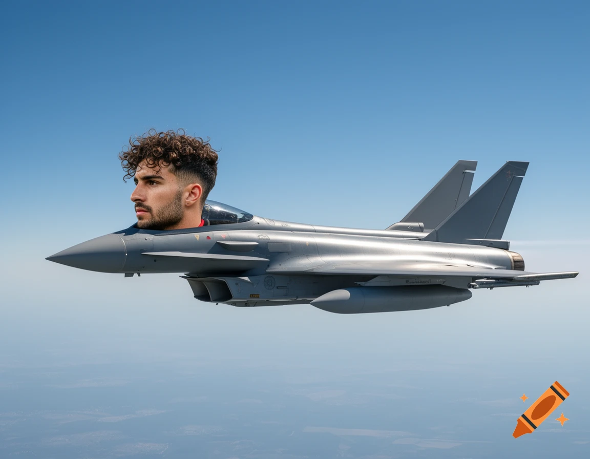Head of a man with curly hair replacing the nose of a grey fighter jet flying in a clear blue sky.