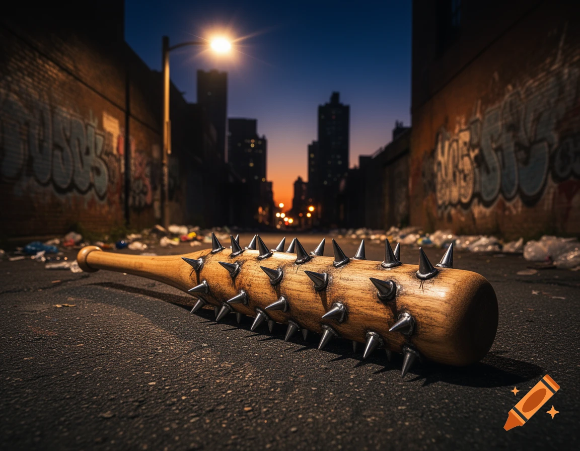 A wooden baseball bat covered in sharp metal spikes lies on a gritty urban street at dusk, with graffiti-covered brick walls and city buildings in the background.