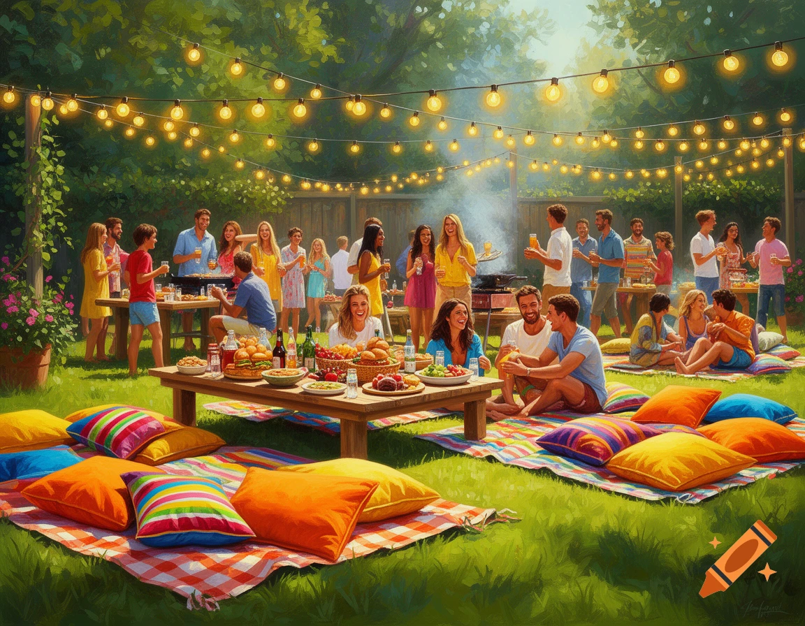 A vibrant backyard BBQ party scene with many people, colorful picnic blankets, pillows, and string lights, depicted in a detailed painterly style.