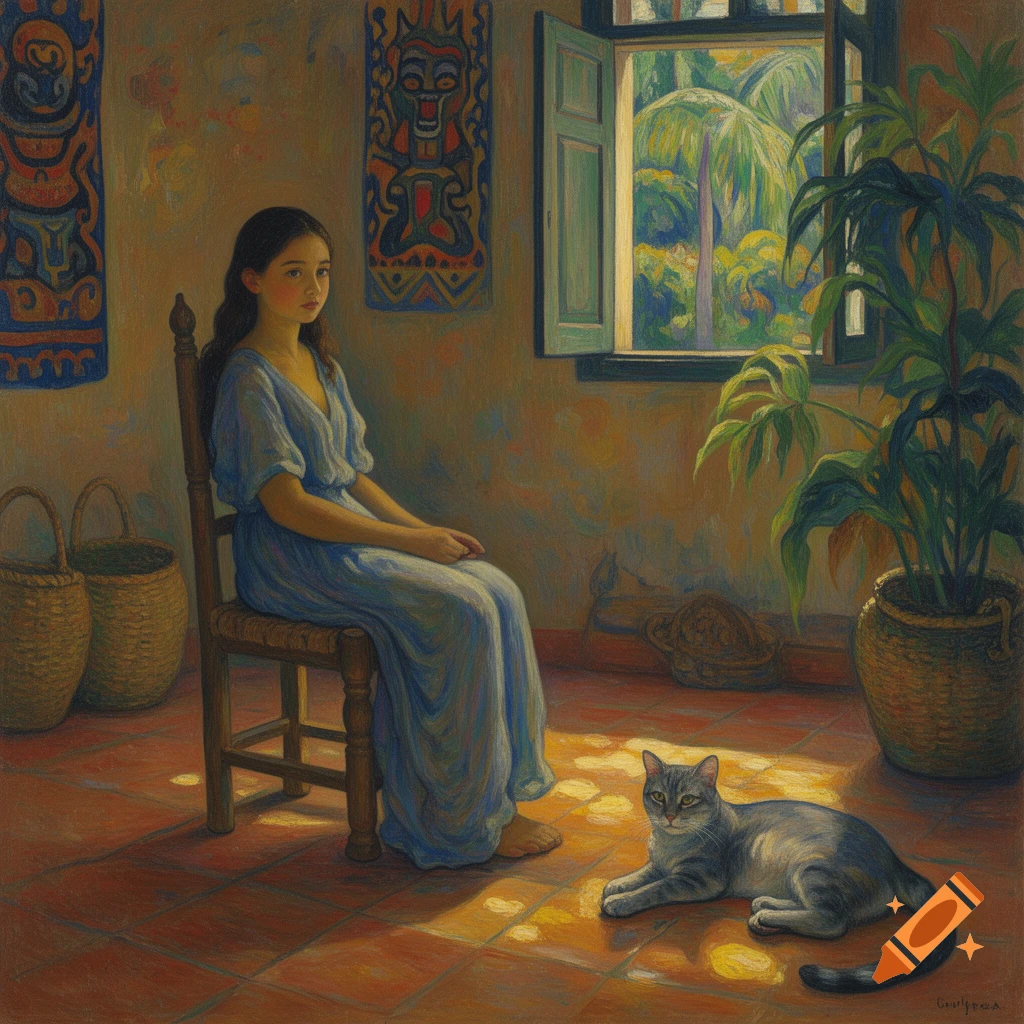 A young girl in a blue dress sits on a chair, a grey cat on the tiled floor in a sunlit room, in a colorful painting style.