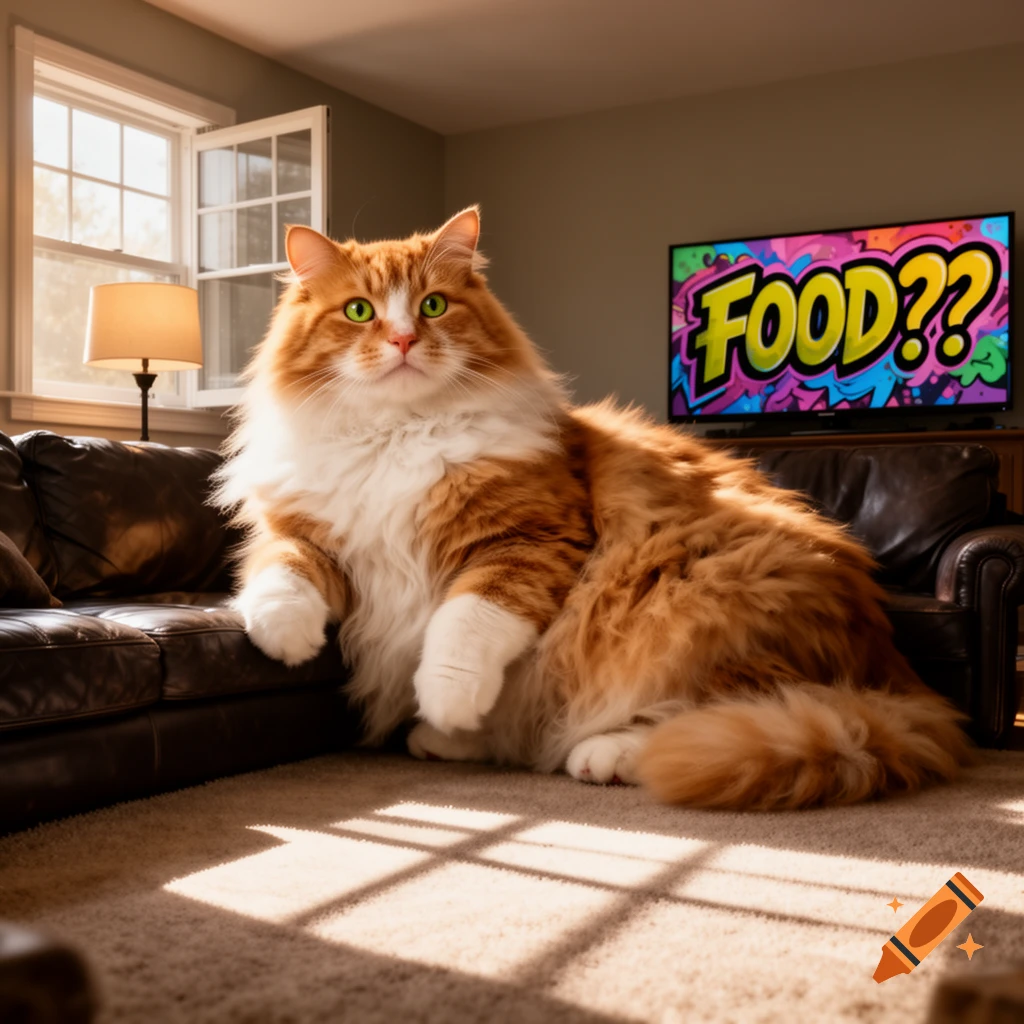 A huge fluffy orange and white cat with green eyes sits on a rug in a living room. A TV in the background displays 'FOOD??' in colorful graffiti text.