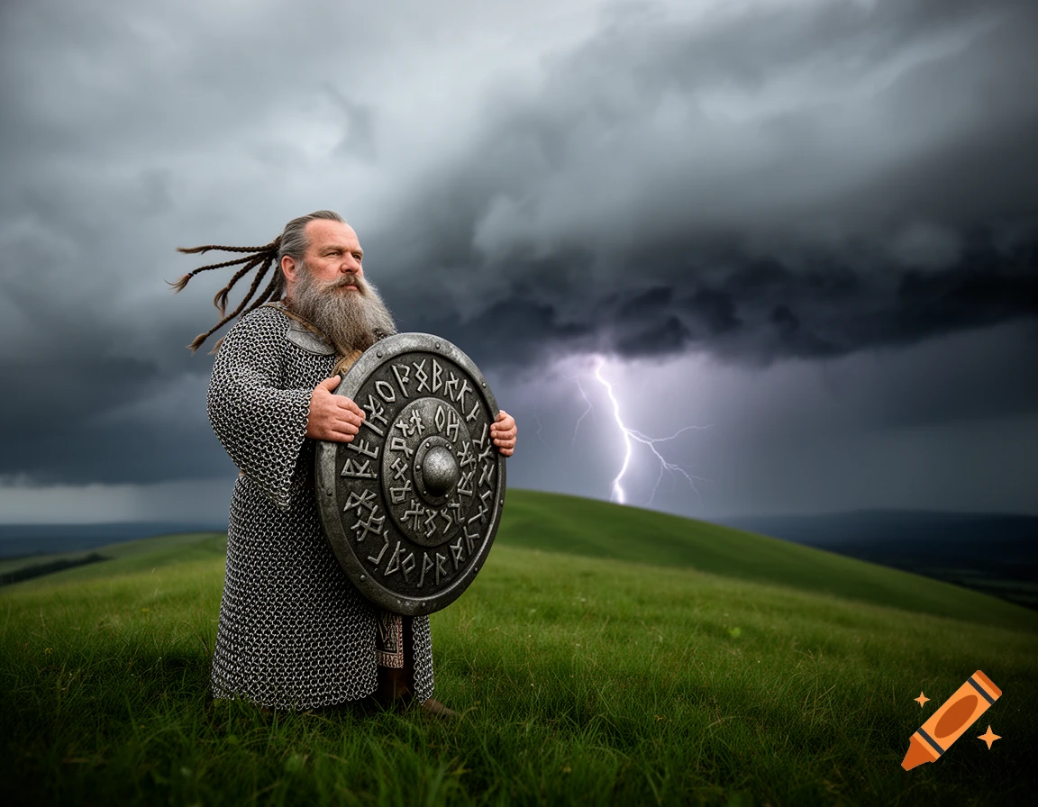A bearded man in chainmail holds a runic shield on a green hill as lightning strikes in the stormy background.