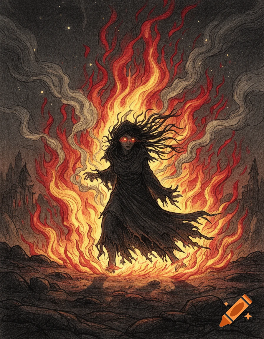 A shadowy witch-like figure with glowing red eyes stands amidst a fiery blaze and smoke, in a dark, old sketch art style.