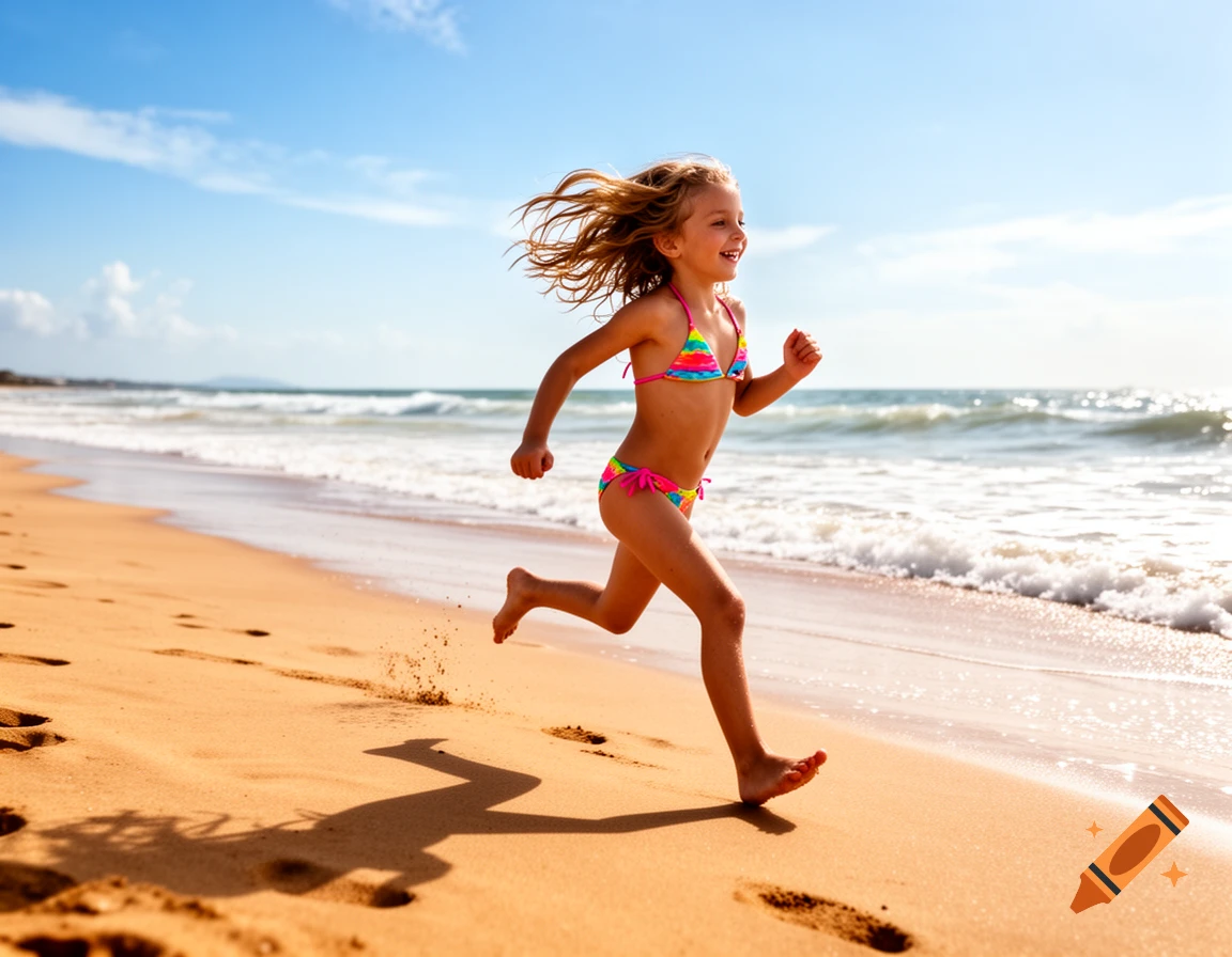 Young girl in a colorful bikini runs barefoot on a sunny sandy beach by the ocean.