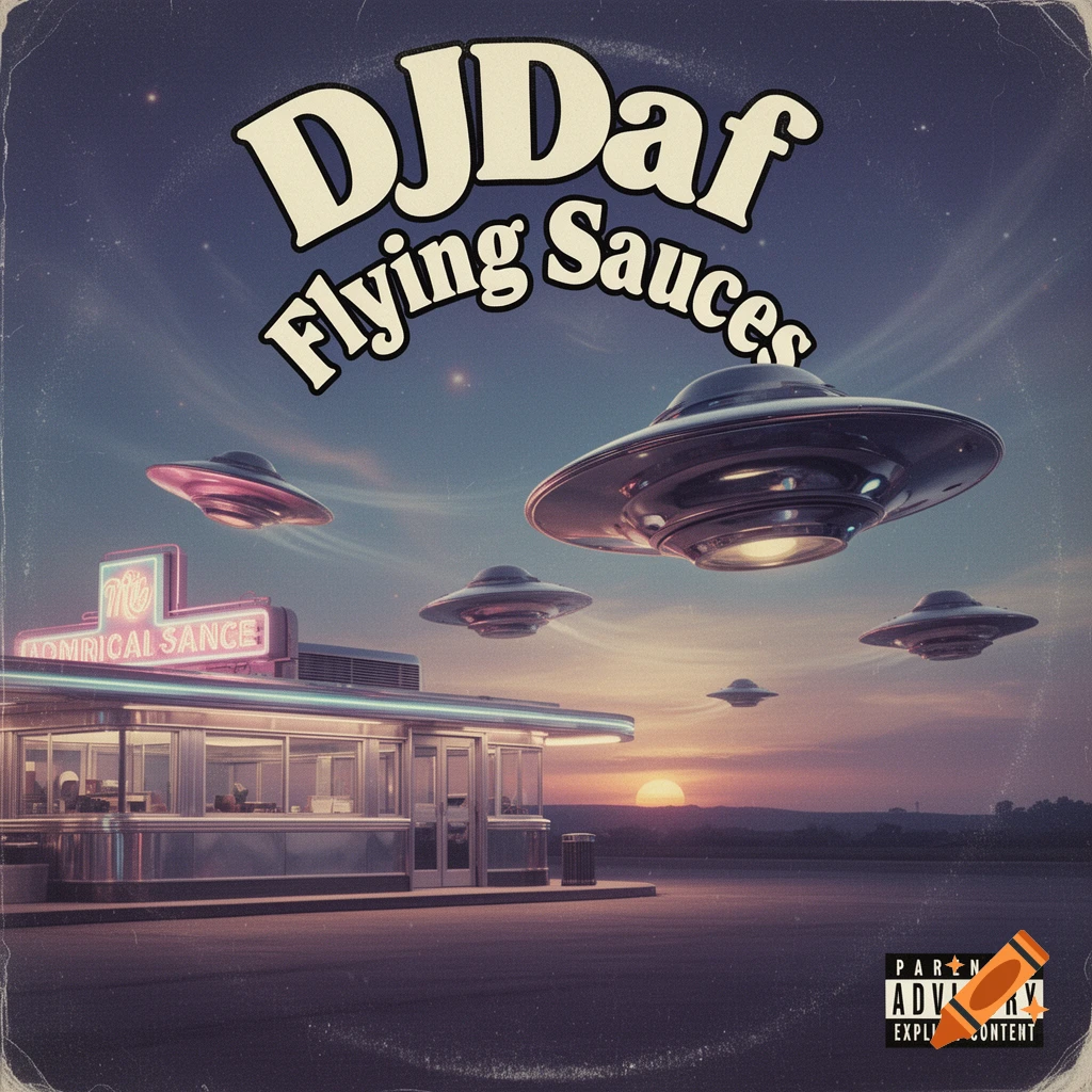 Retro vinyl album cover for DJDaf Flying Sauces, showing UFOs over a diner at sunset with a starry sky.