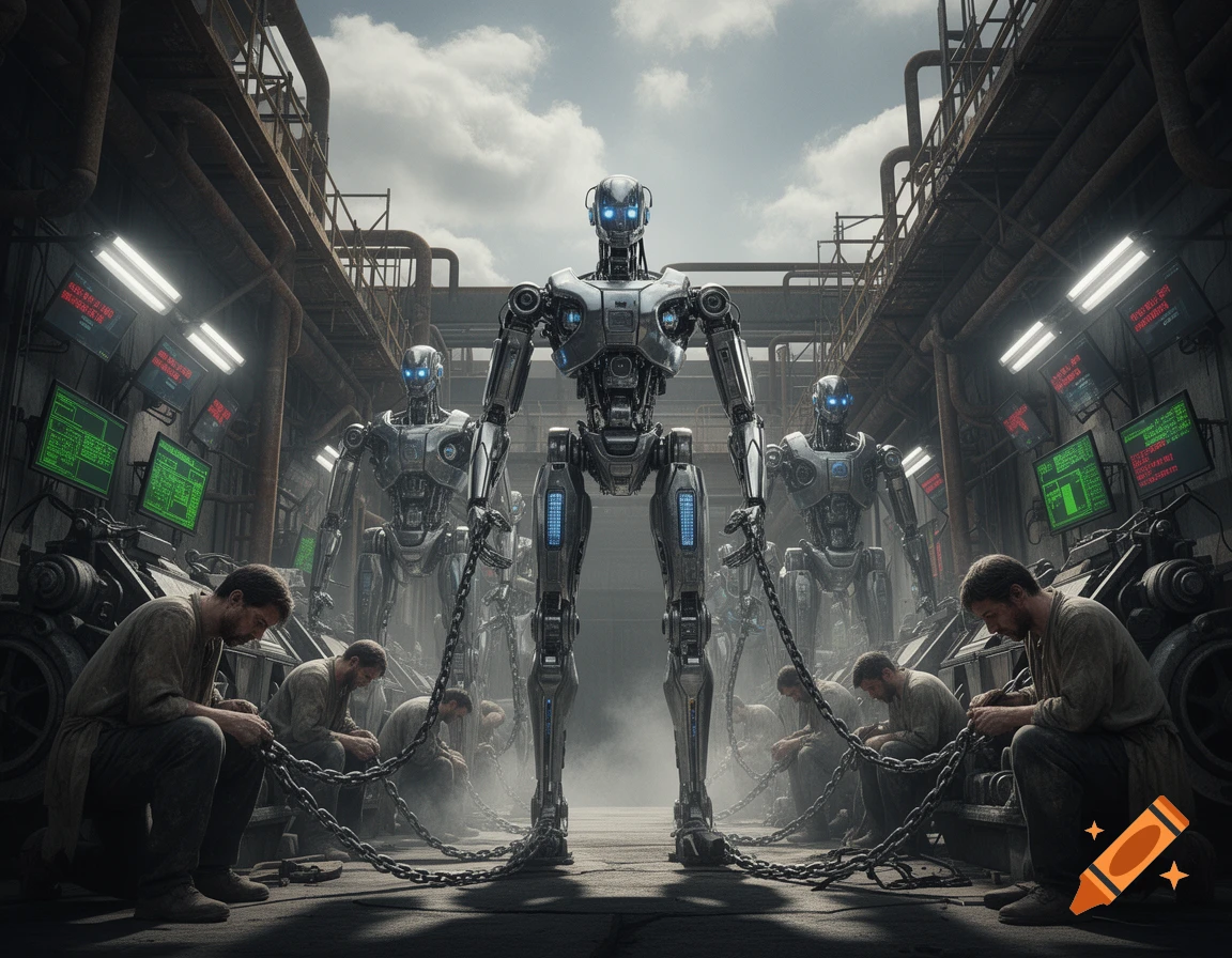 Photorealistic image of tall, metallic robots standing over several chained humans working in a dark, industrial factory with glowing screens.