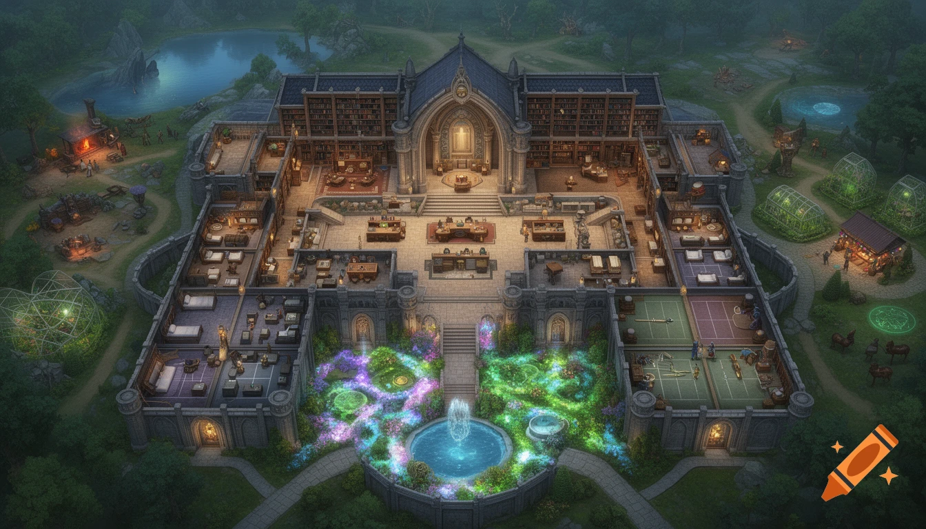 Intricate isometric overhead view of a magical fantasy academy with detailed rooms, a glowing garden, and surrounding natural landscape.