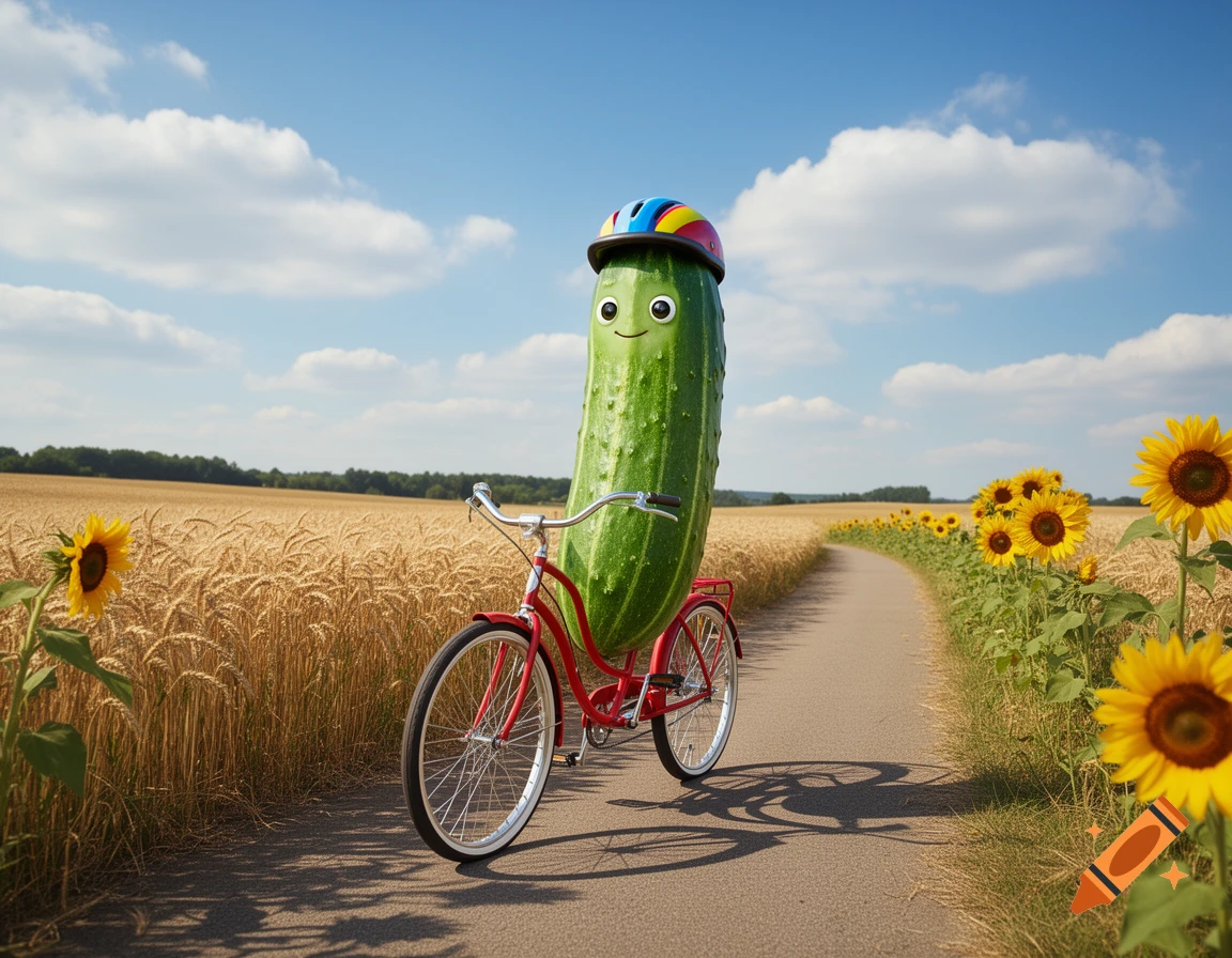 A cheerful cartoon cucumber wearing a colorful helmet rides a red bicycle on a path through fields of wheat and sunflowers under a blue sky.