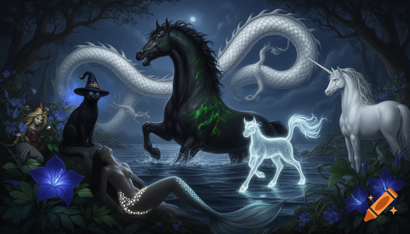A mystical night scene with a black Kelpie, a white Japanese dragon, a black cat in a witch hat, a mermaid, a glowing Patronus, and a white unicorn in a dark forest by water.