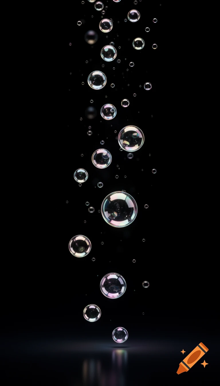 Numerous iridescent soap bubbles of various sizes float upwards against a dark black background, with a subtle reflective surface at the bottom.