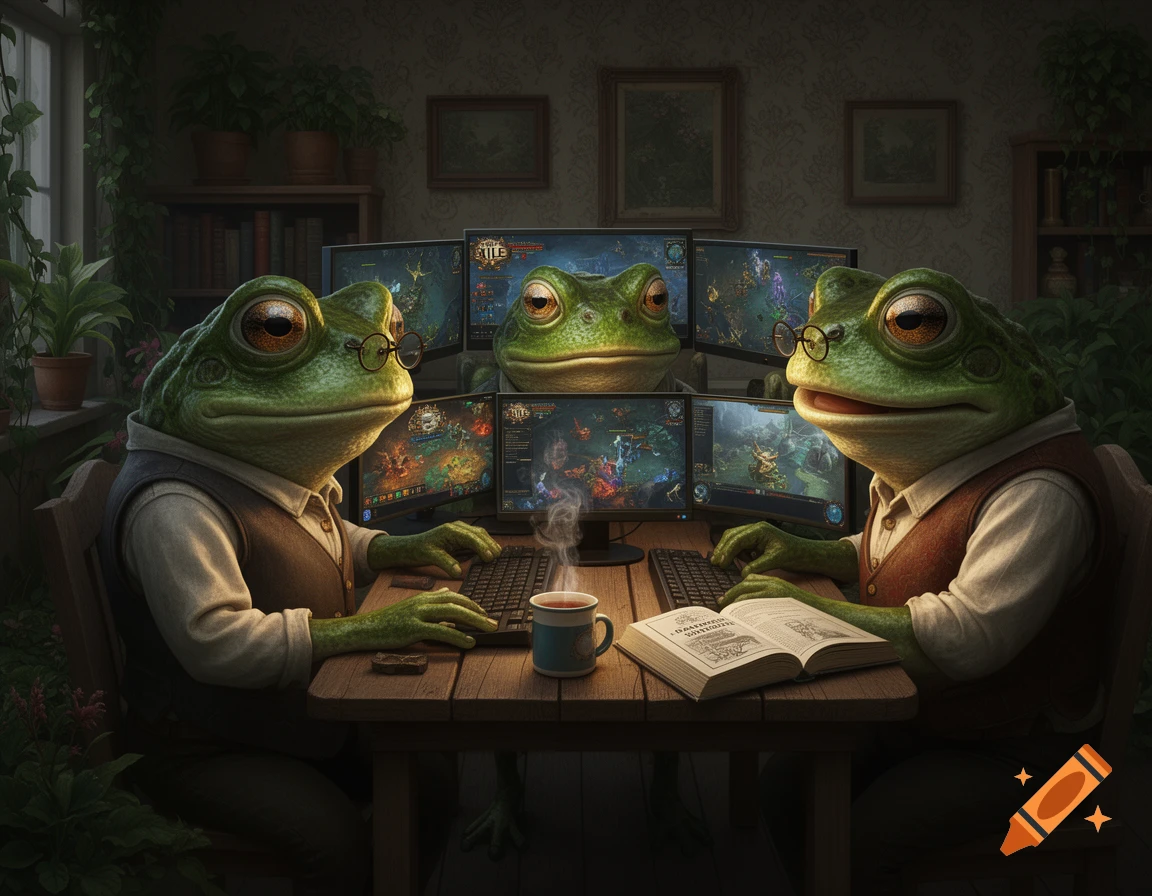 Three anthropomorphic frogs wearing vests and glasses sit around a wooden table, playing a video game on multiple computer monitors. One frog reads an open book, while another sips from a steaming mug. The room is dimly lit with plants and framed pictures.