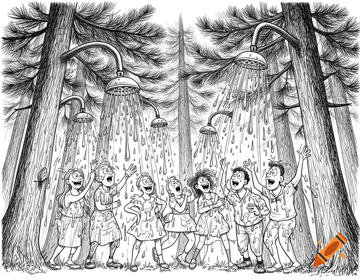 Humorous black and white line drawing of happy vacationers showering under sap flowing from pine trees in a forest.