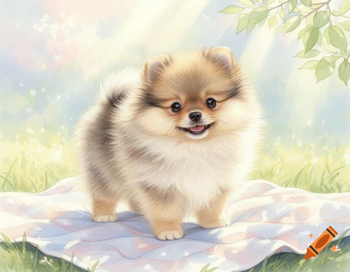 A fluffy Pomeranian puppy with big eyes and a happy smile stands on a patterned blanket in a soft, bright watercolor garden.