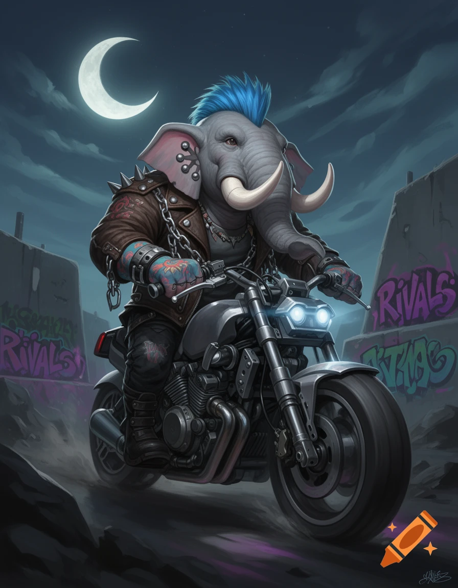 A punk rock elephant with a blue mohawk, tattoos, and a spiked leather jacket rides a motorcycle at night under a crescent moon, with graffiti walls in the background.