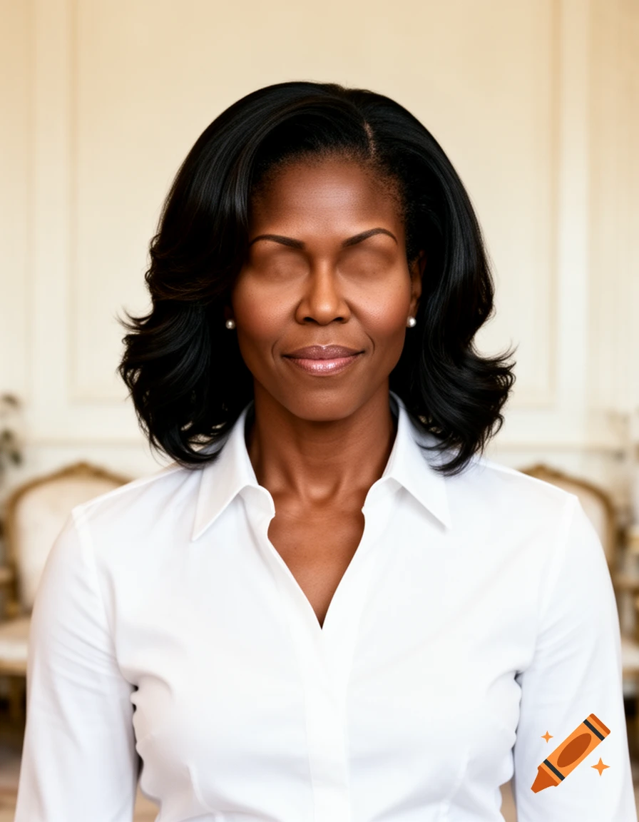 Photorealistic portrait of a woman resembling Michelle Obama in a white shirt, with smooth skin covering where her eyes should be.