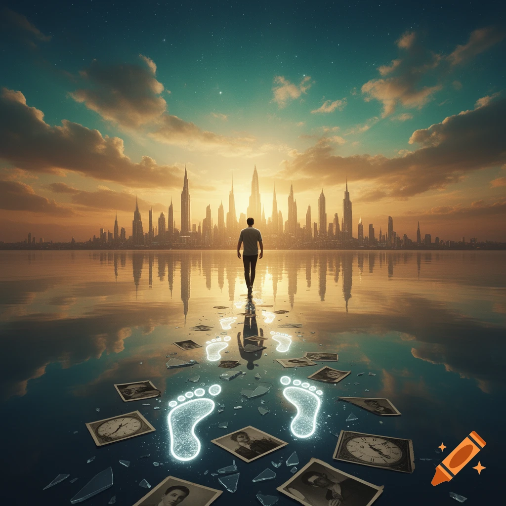 A lone man walks on a reflective water surface toward a futuristic city skyline at dawn, leaving glowing footprints and scattered photos and clocks. Ultra-realistic digital art.