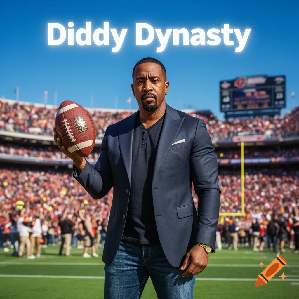 A man in a navy suit jacket and jeans holds a football on a stadium field, with a crowd in the background. "Diddy Dynasty" floats above him.
