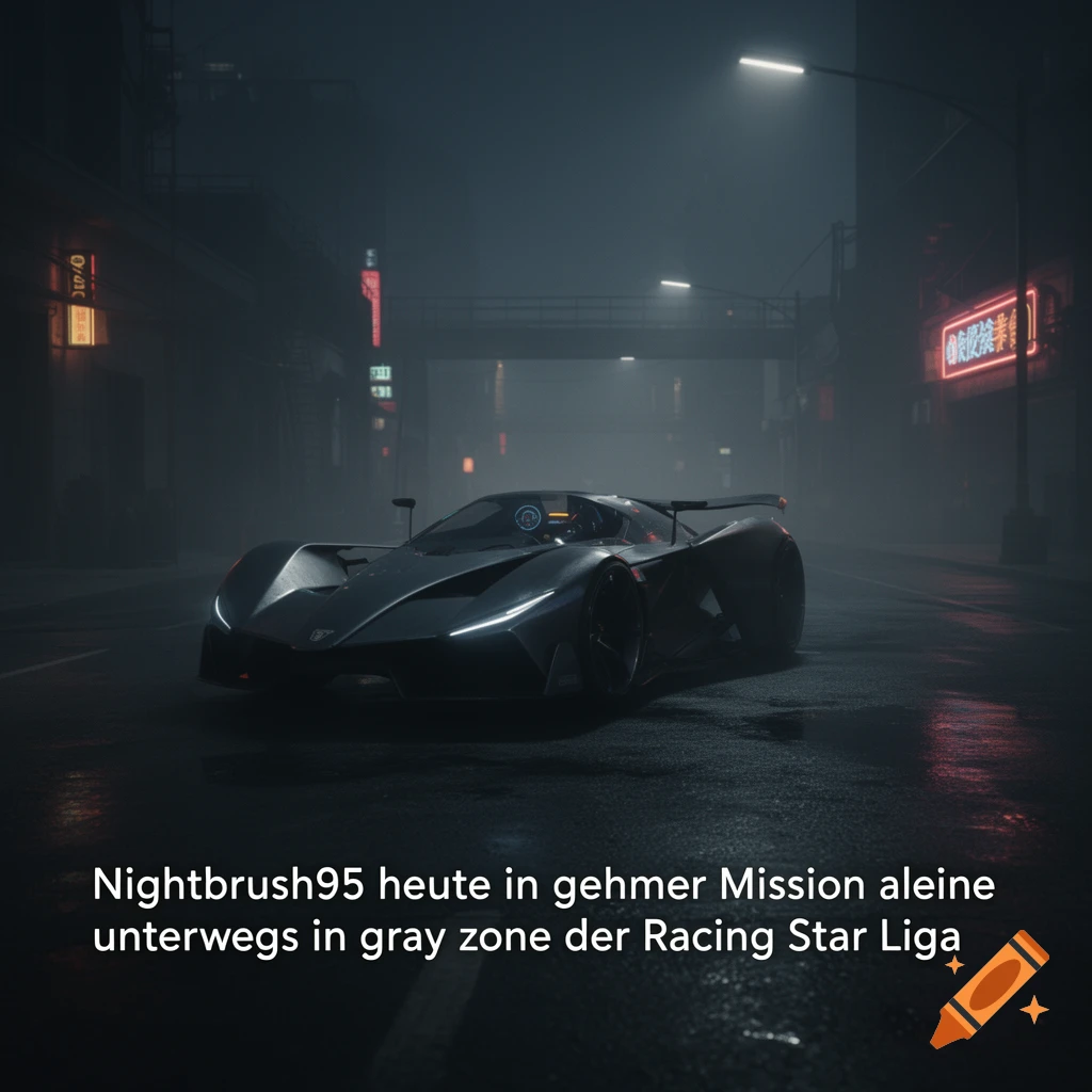 A dark, sleek futuristic car on a wet city street at night, illuminated by streetlights and neon signs in the fog.
