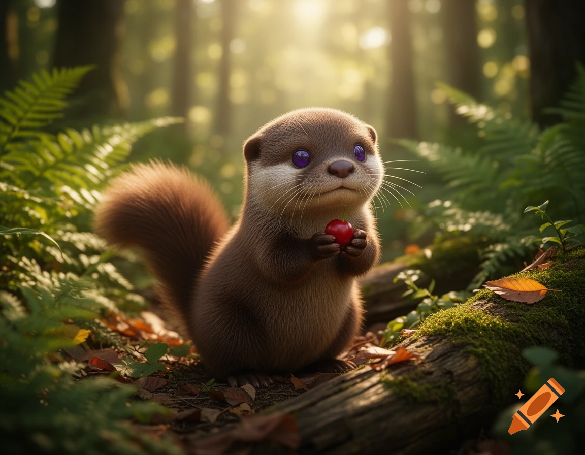 An adorable fluffy brown creature resembling an otter with dark purple eyes holds a red berry in a sunlit woodland forest.