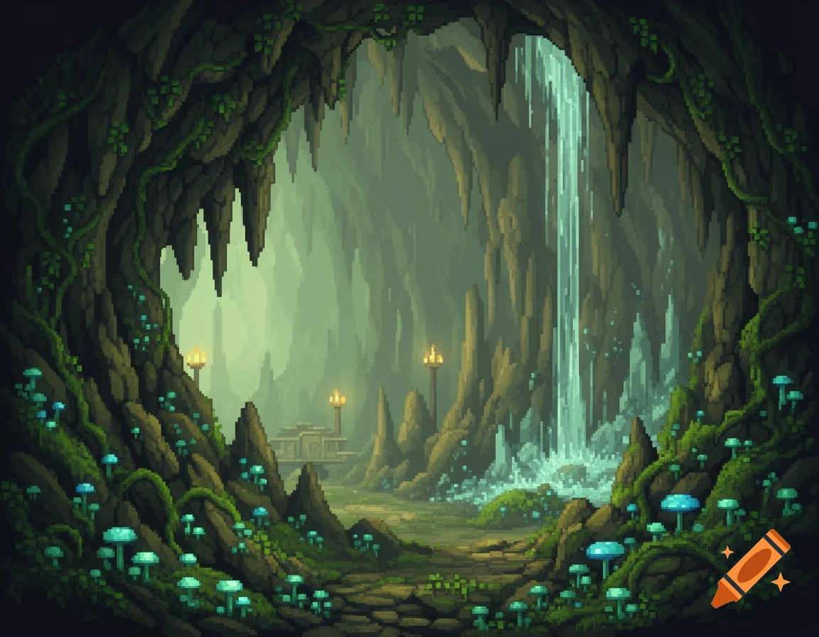 Pixel art of a lush, overgrown cave with a waterfall, glowing blue mushrooms, and distant illuminated structures.