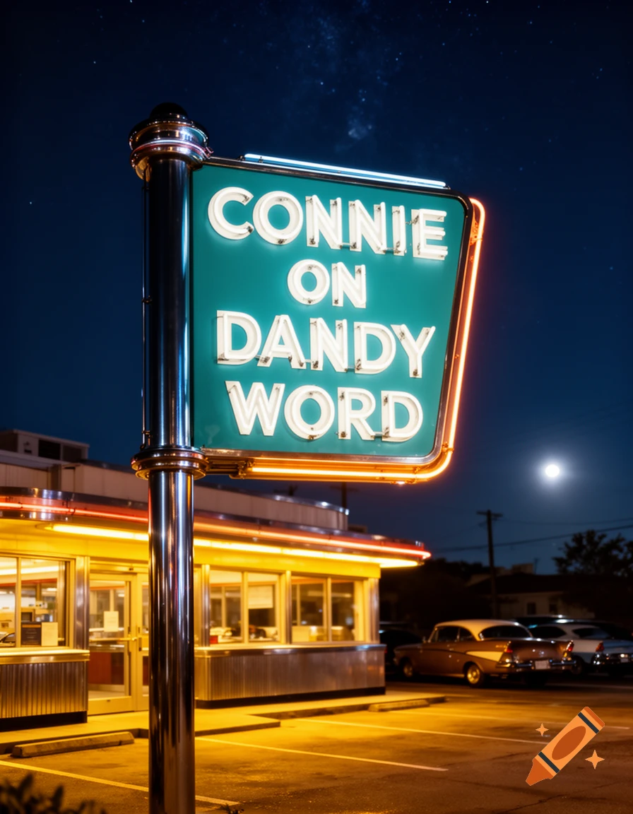 A photorealistic night scene of a retro diner with a bright neon sign reading "CONNIE ON DANDY WORD" and vintage cars in the parking lot.