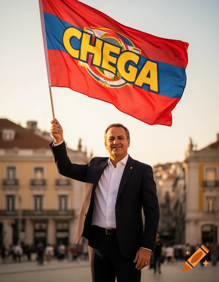 A man in a suit smiles while holding a red and blue flag with 'CHEGA' written on it in a city square at sunset.