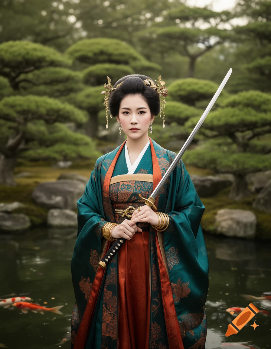 A woman in a teal and orange kimono with elaborate golden jewelry stands in a Japanese garden with a katana, koi fish swim in the water.