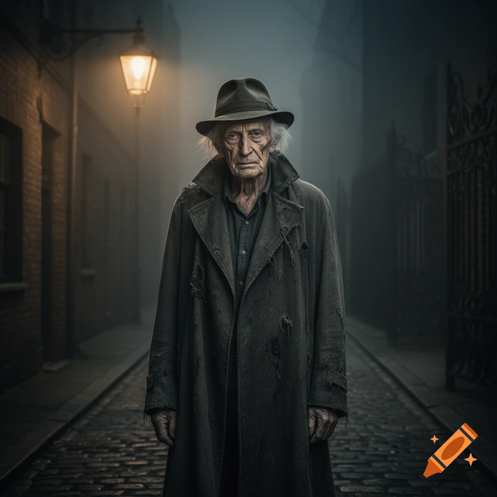 An old man in a hat and tattered coat stands in a foggy, dark cobblestone alley under a glowing street lamp, photorealistic.
