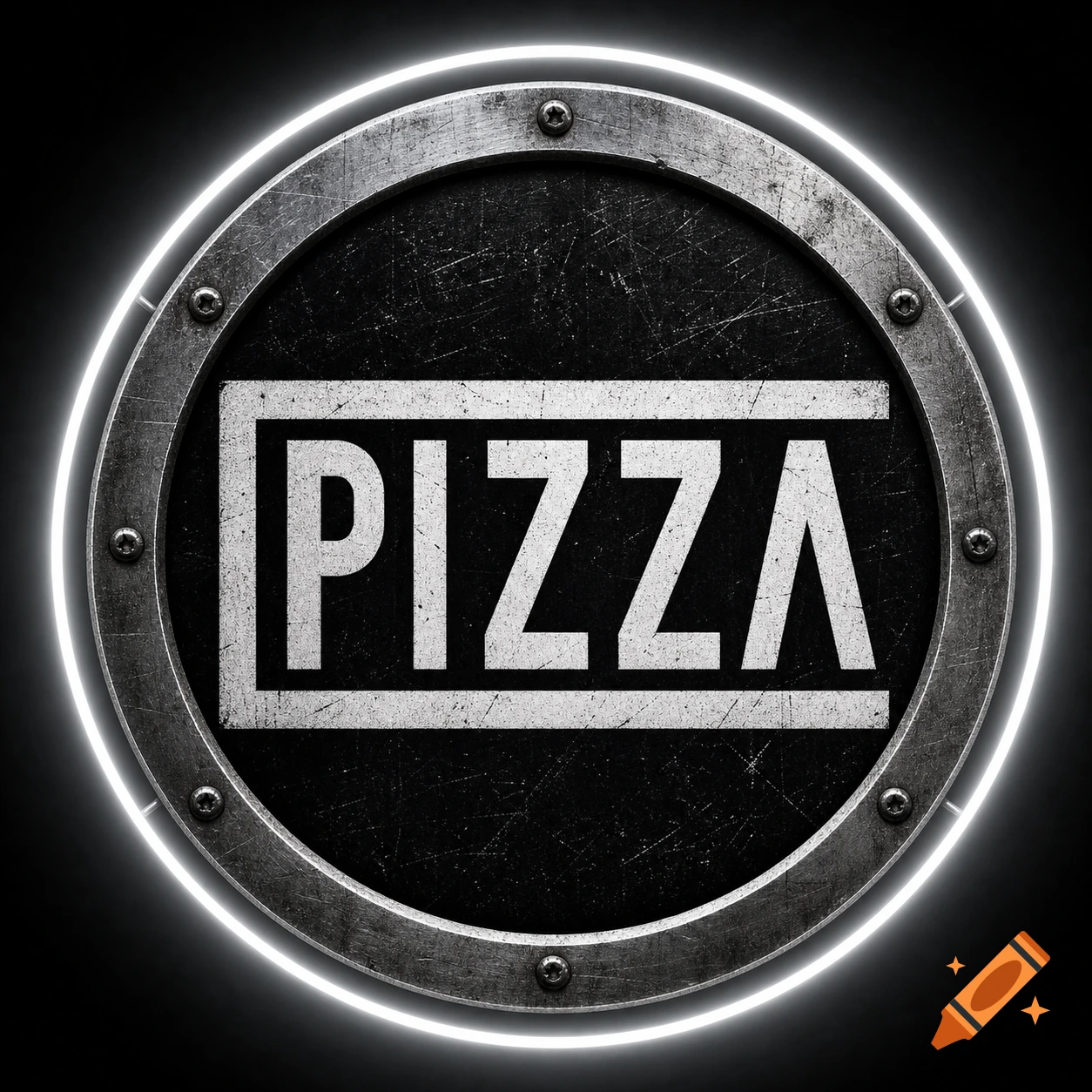 A metallic circular logo with a white neon outline, featuring the word 'PIZZA' in bold white uppercase letters on a distressed black background.