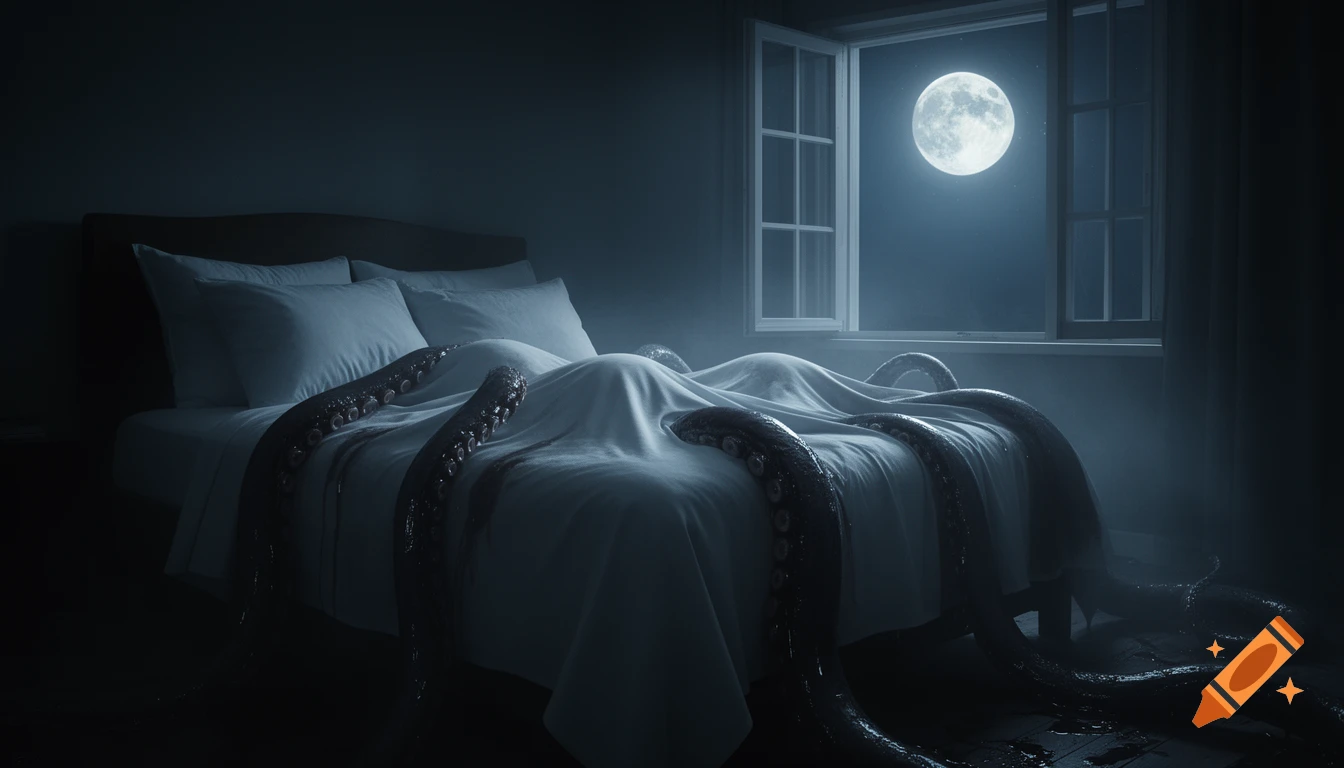 Dark bedroom with monstrous tentacles emerging from a window, slithering over and under the bedsheets, lit by a full moon.