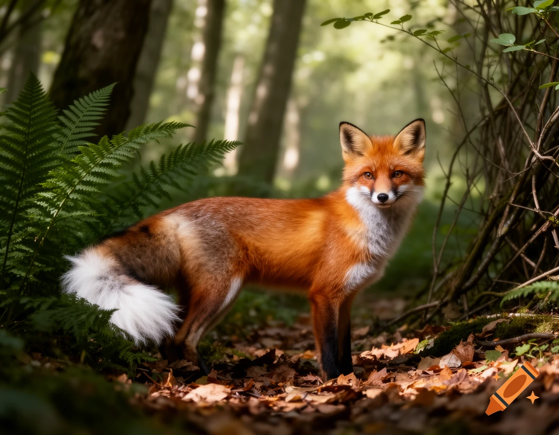 A photorealistic red fox with a white chest and bushy tail stands among ferns and fallen leaves in a sunlit forest.