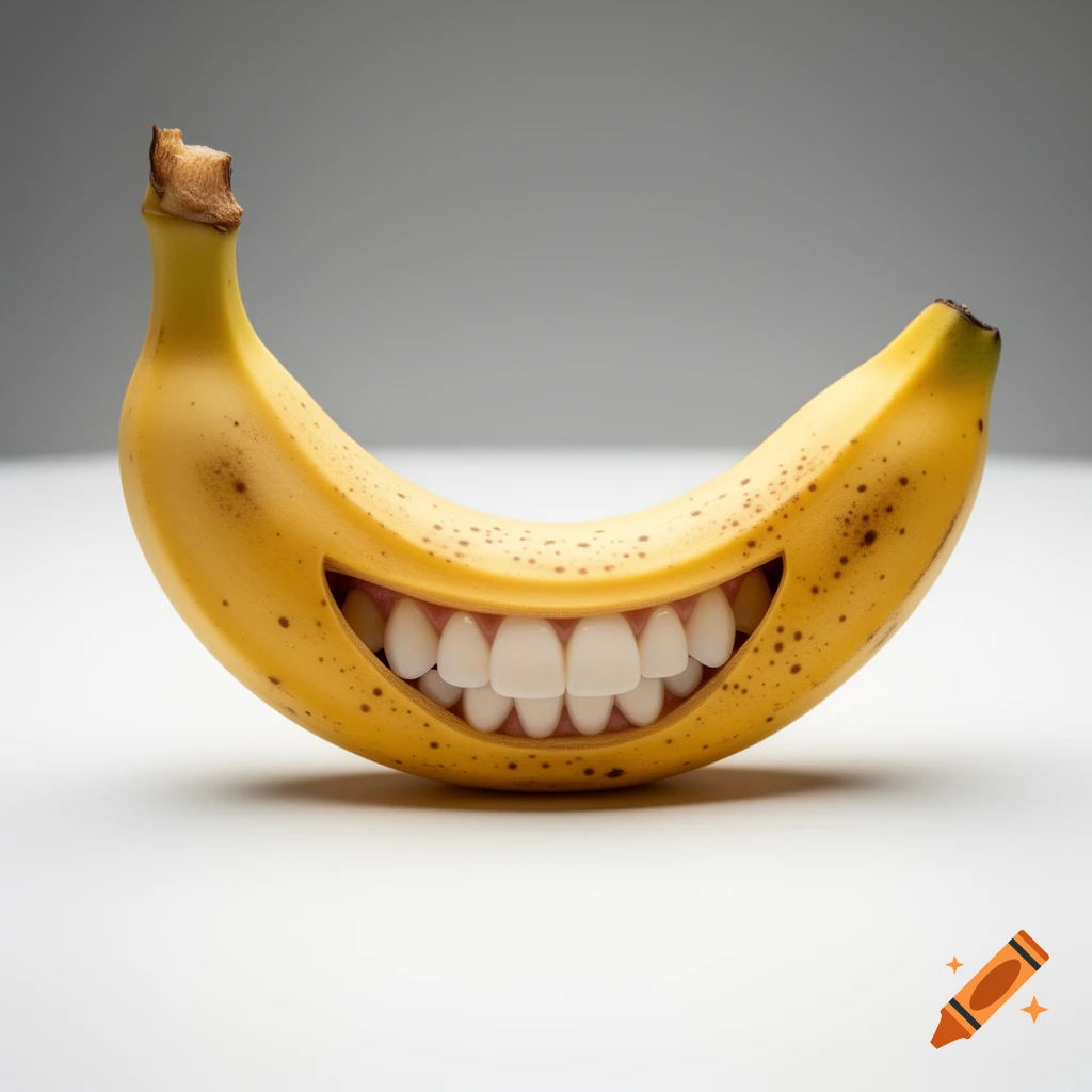 A photorealistic yellow banana curves upward, revealing a wide, bright human smile of perfect white teeth in its peel, set against a gray background.