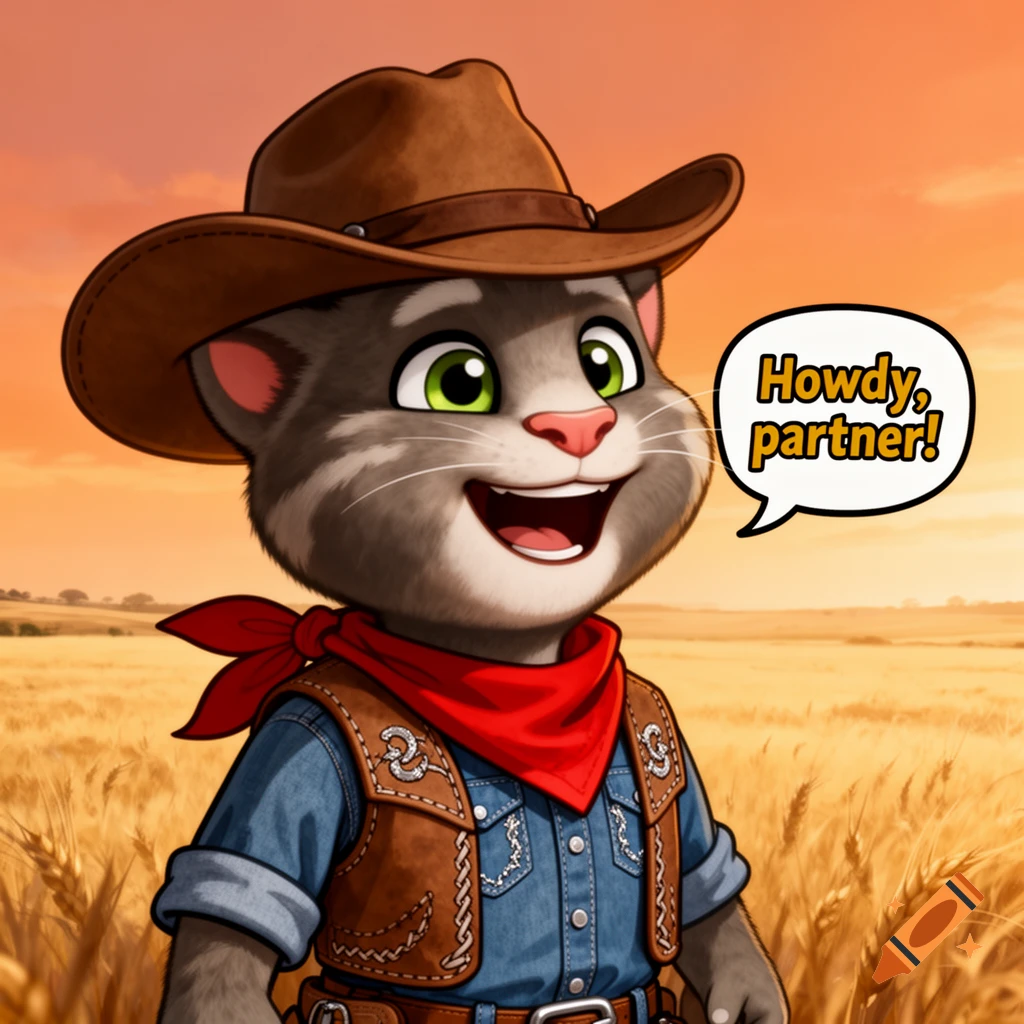 A cartoon cat dressed as a cowboy, wearing a hat, denim shirt, and red bandana, smiles in a wheat field, saying 'Howdy, partner!'