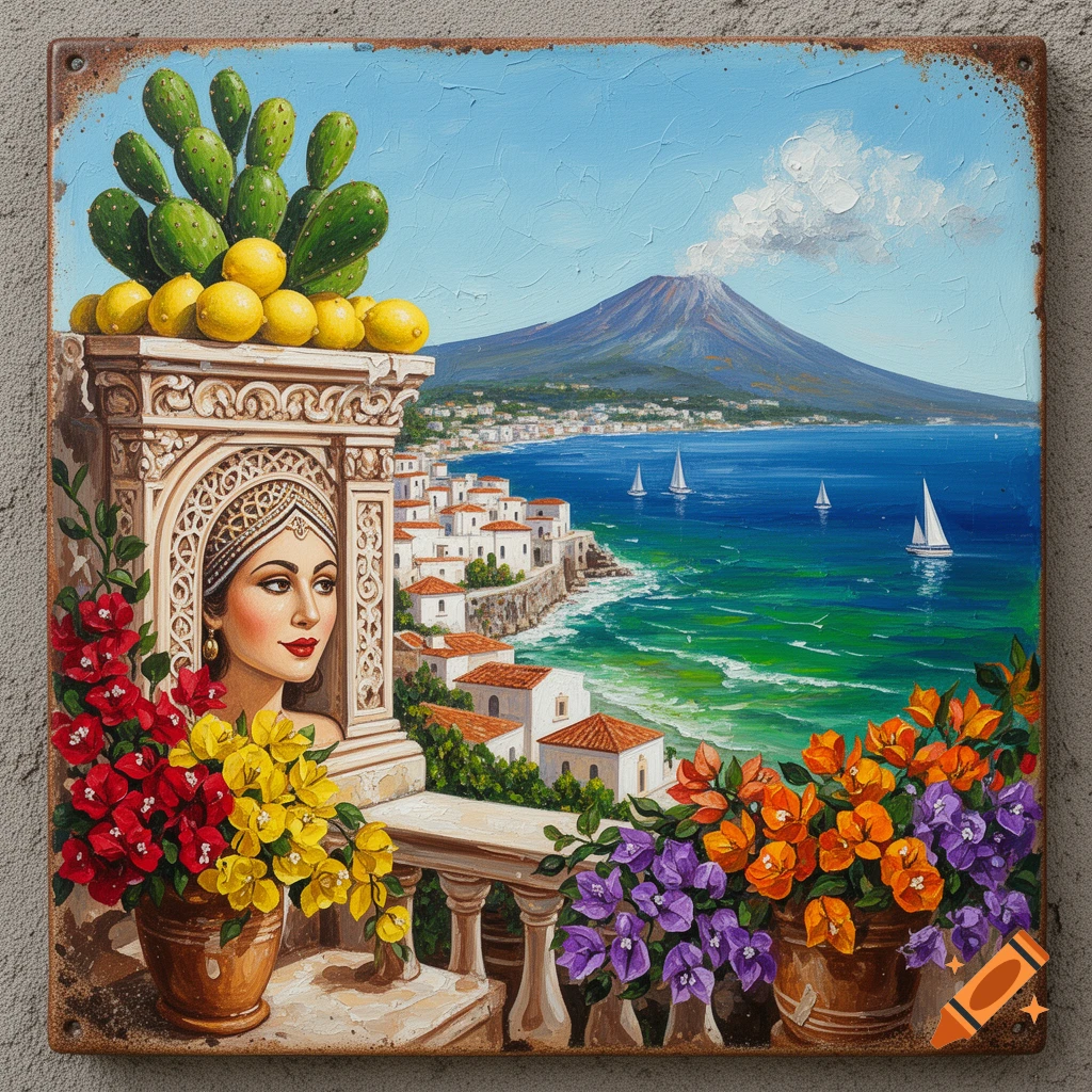 Vibrant decorative painting of a woman on a baroque terrace with flowers, lemons, and cacti, overlooking a Mediterranean coast with white houses, Mount Etna, and sailboats.
