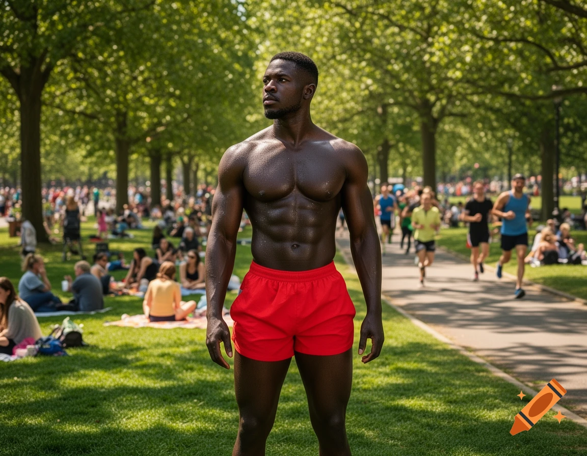 Muscular black man in red shorts standing shirtless in a sunny park with people and trees in the background.