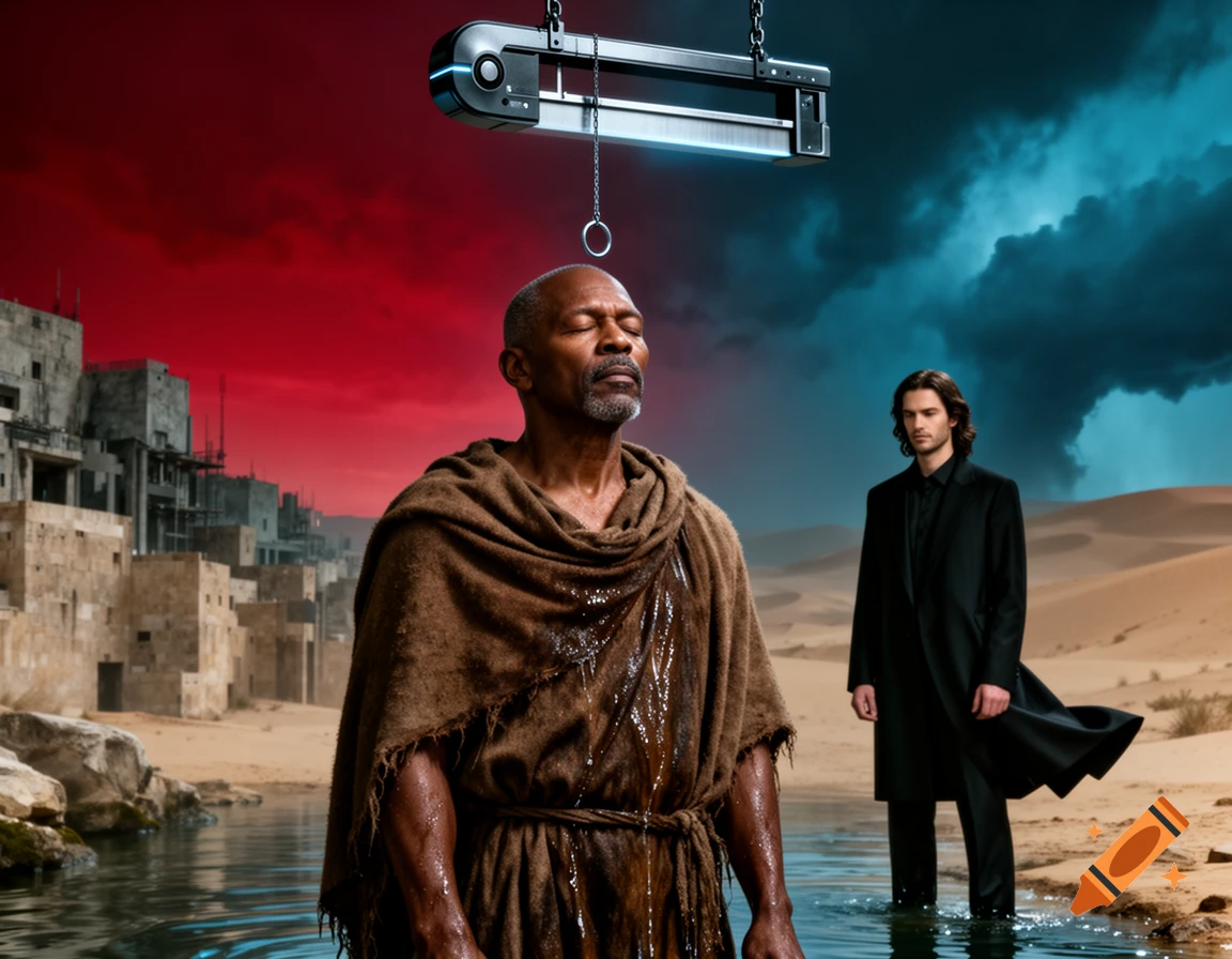 An older man in a wet brown robe stands in water with eyes closed, under a futuristic device. A man in black stands behind him in a desert.