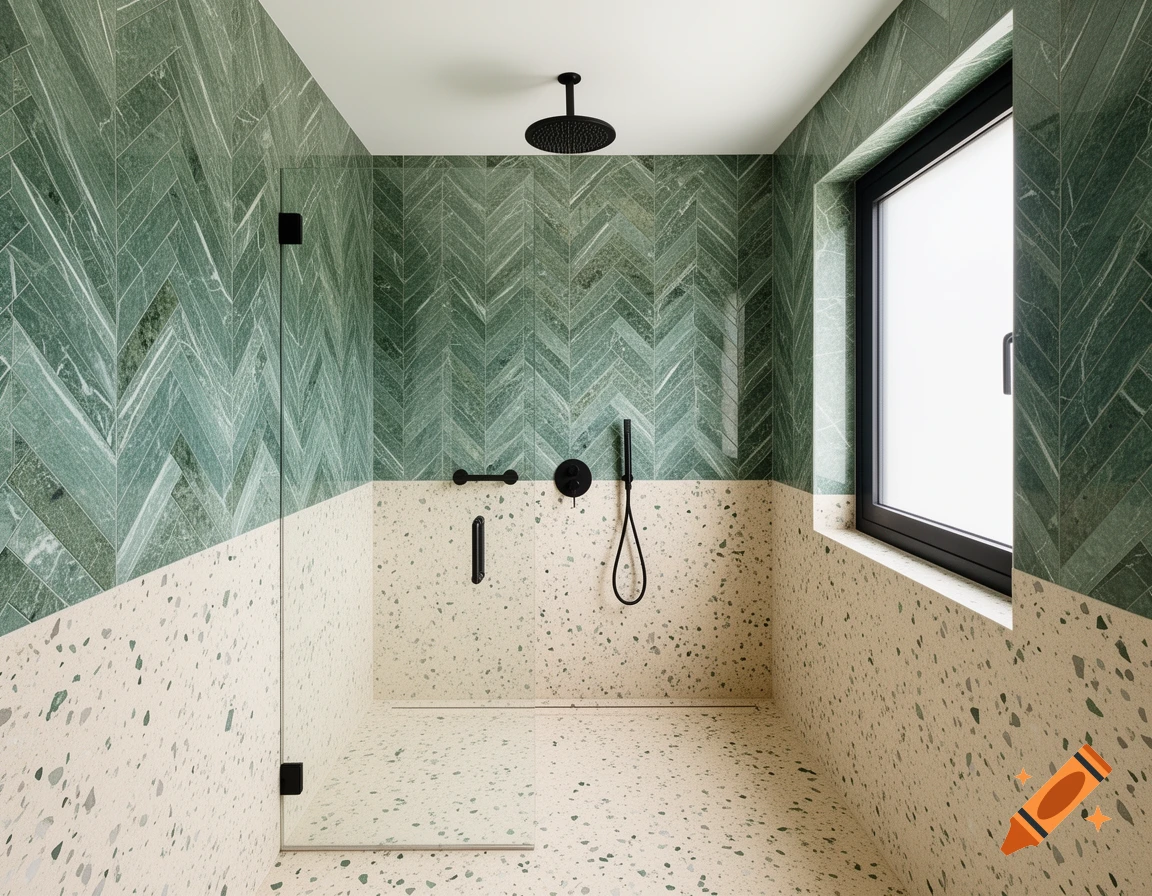 Photorealistic luxury walk-in shower with green herringbone marble tiles, cream terrazzo, black fixtures, and a window.