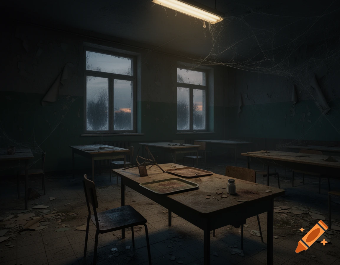 An abandoned, dimly lit cafeteria with dusty wooden tables and chairs, cobwebs in corners, and dirty windows showing a sunset.