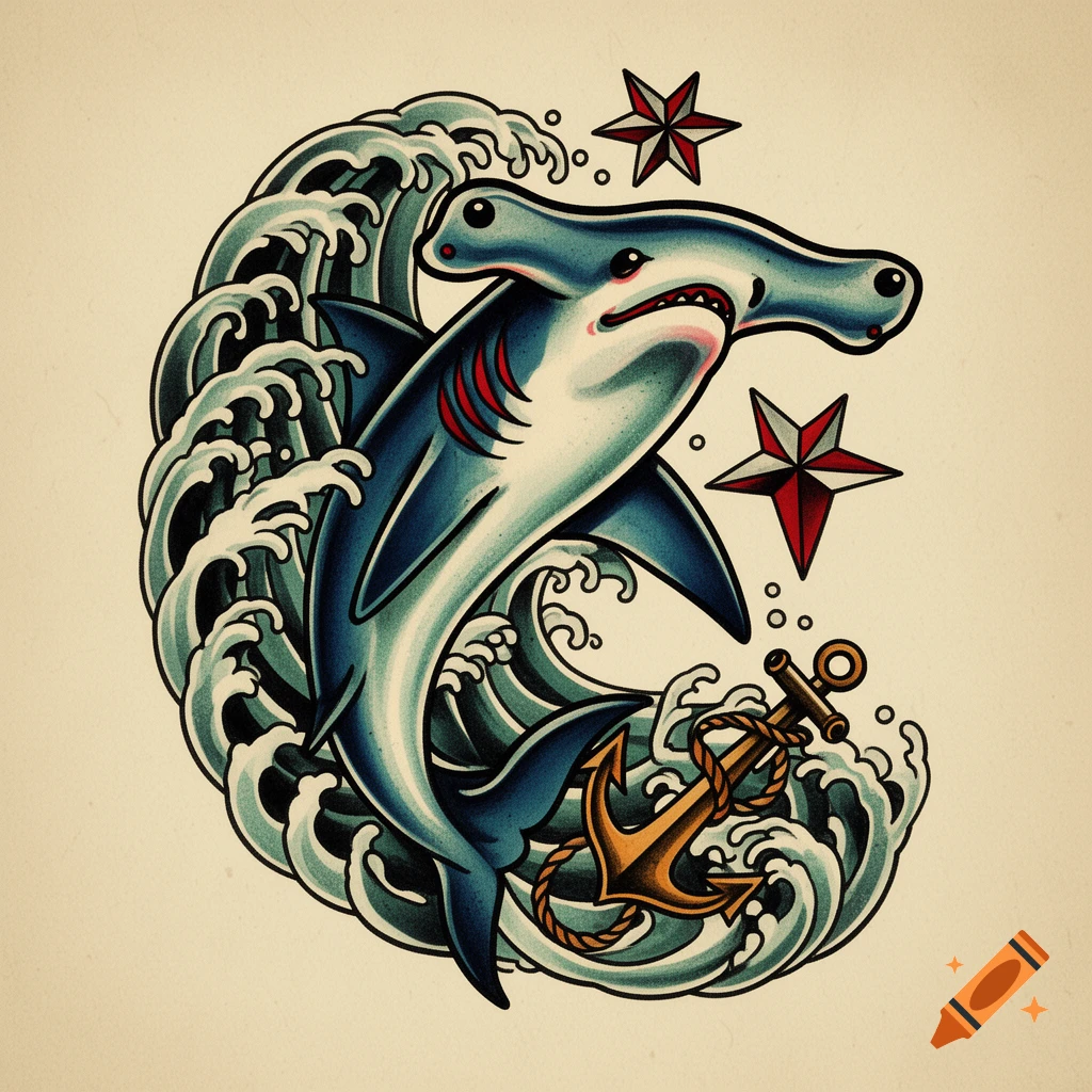 A hammerhead shark surrounded by waves, an anchor, and stars, rendered in a colorful American traditional tattoo style.