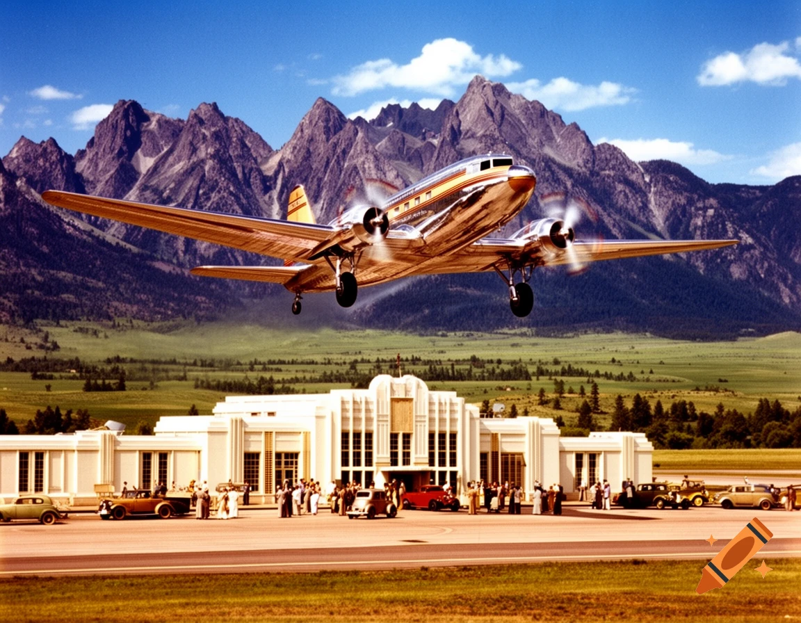 A shiny vintage airplane takes off from a 1940s airport in a mountain valley, with people and classic cars on the tarmac.