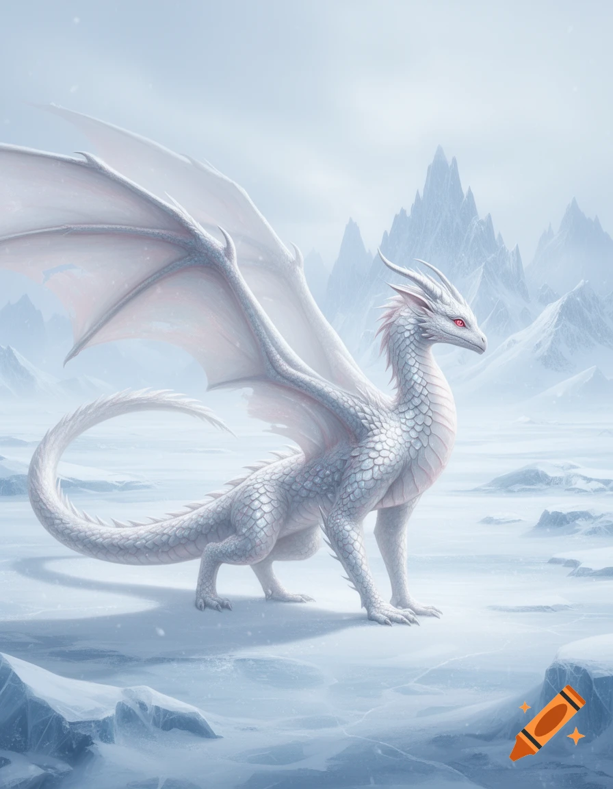 A majestic white ice dragon with red eyes stands on an icy plain, one wing outstretched, with snowy mountains in the background.