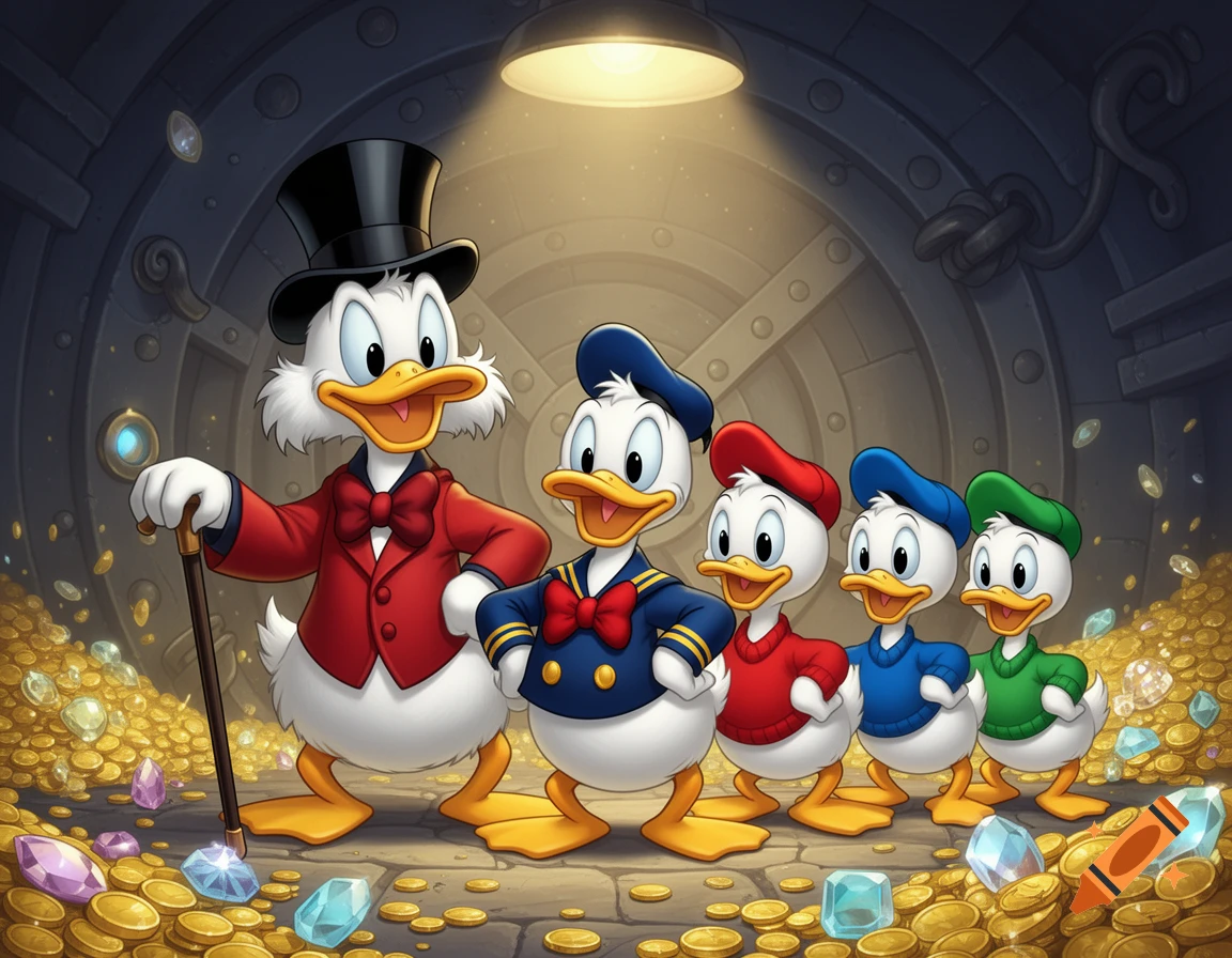 Scrooge McDuck, Donald Duck, Huey, Dewey, and Louie stand in a treasure vault overflowing with gold coins and gems.