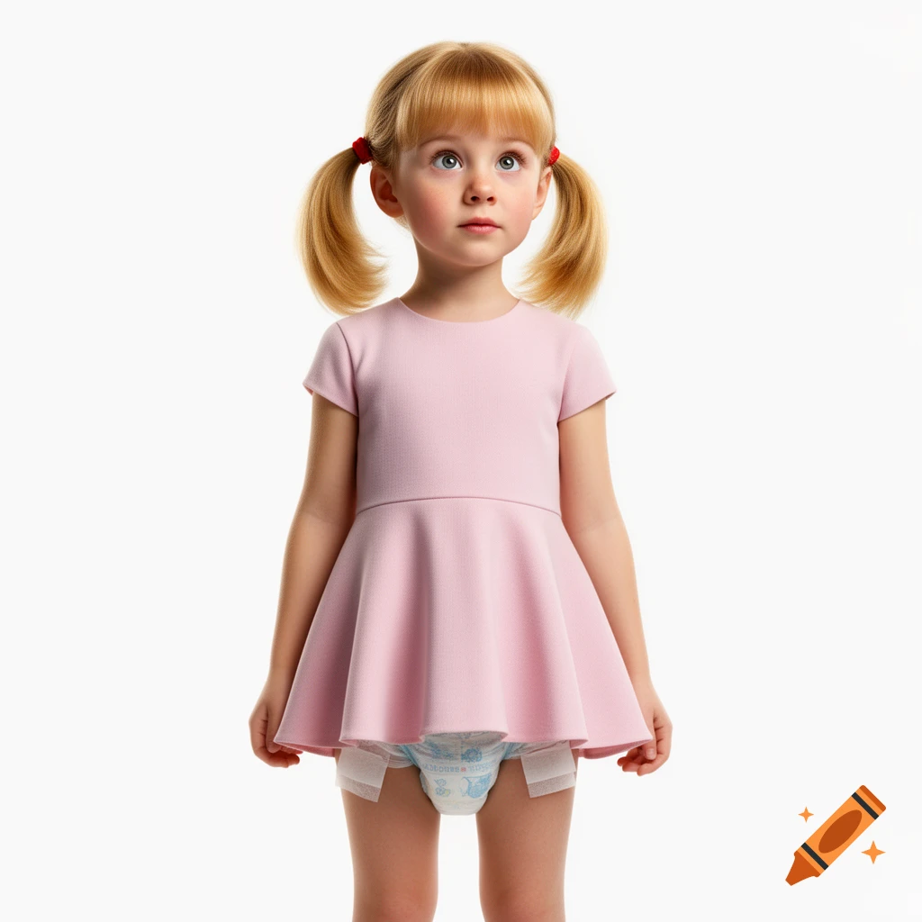 A photorealistic image of a young blonde girl with pigtails and a pink dress, looking up. She wears a visible disposable diaper.